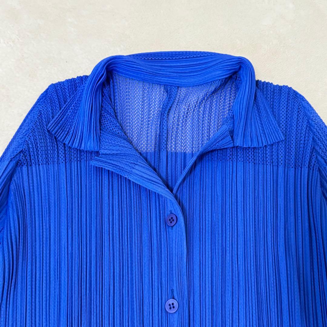 極美品✨PLEATS PLEASE プリーツ　メッシュ　ブルー　長袖　ブラウス
