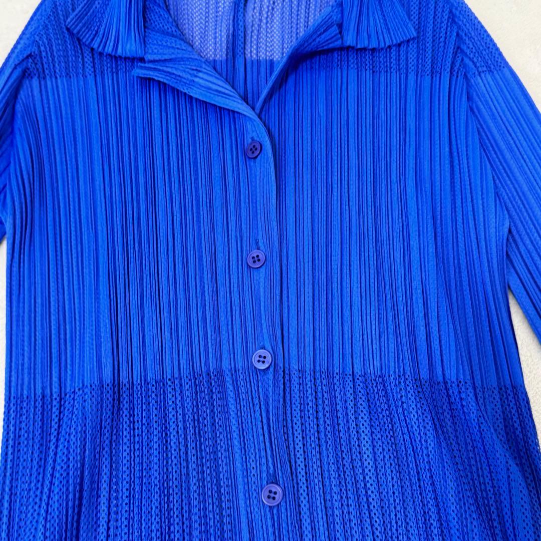 極美品✨PLEATS PLEASE プリーツ　メッシュ　ブルー　長袖　ブラウス