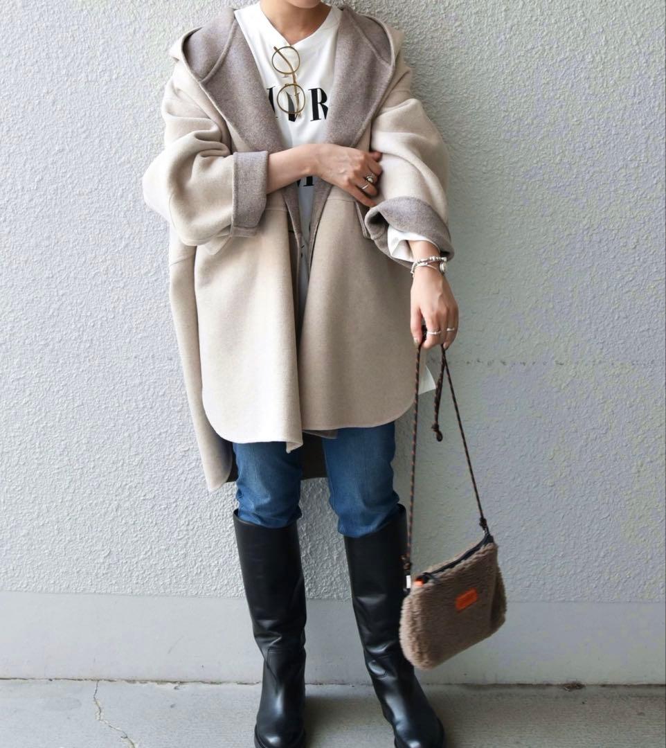 〜12/21 SHIPS any ノーカラーコート　フード　ジャケット ベージュ