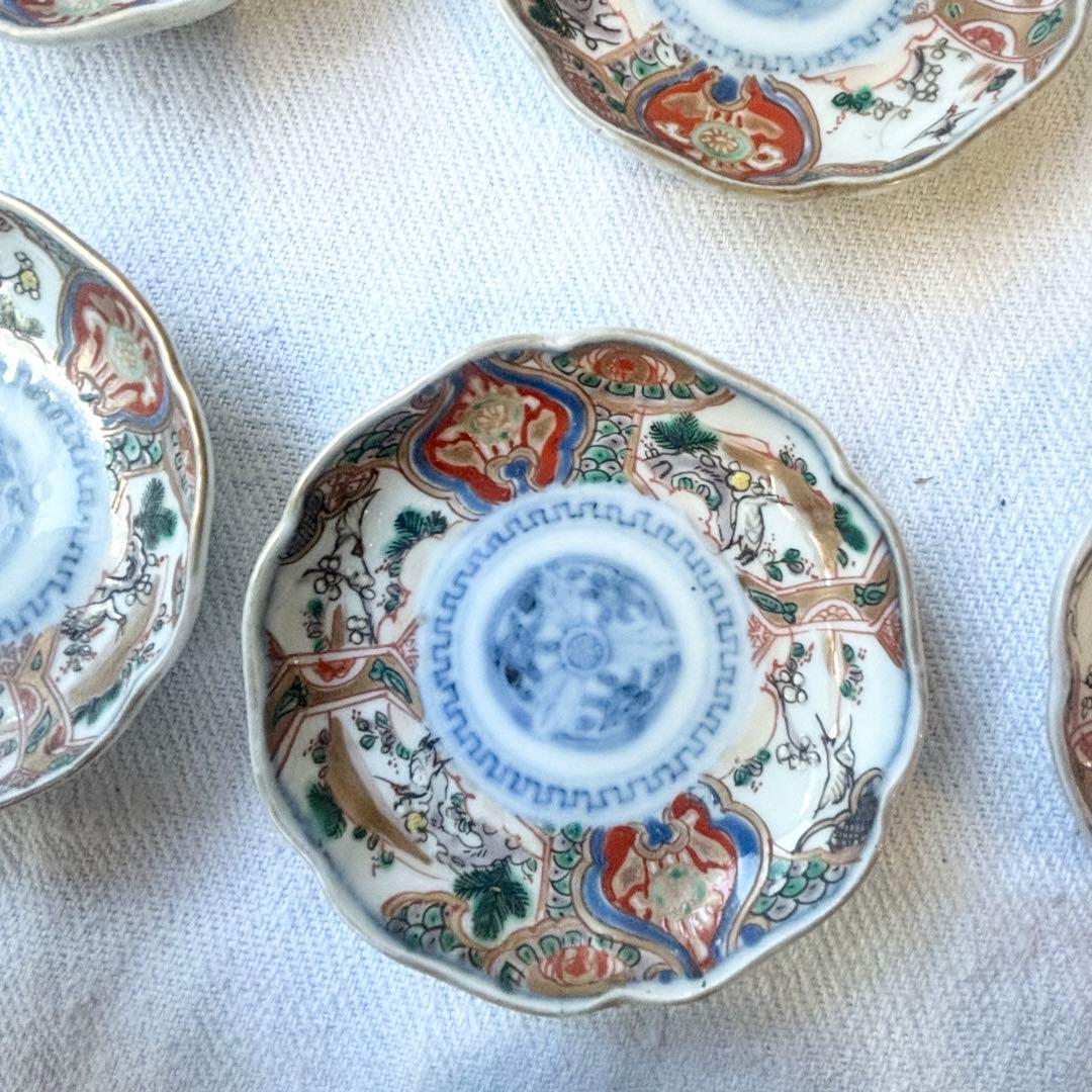 時代伊万里　鶴松金彩の吉祥デザイン豆皿5客（骨董古陶磁古美術古伊万里