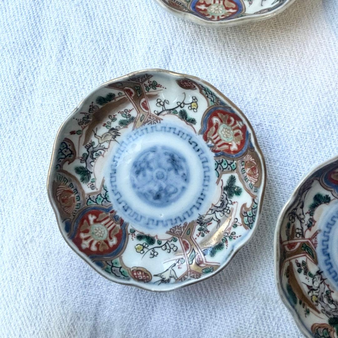 時代伊万里　鶴松金彩の吉祥デザイン豆皿5客（骨董古陶磁古美術古伊万里