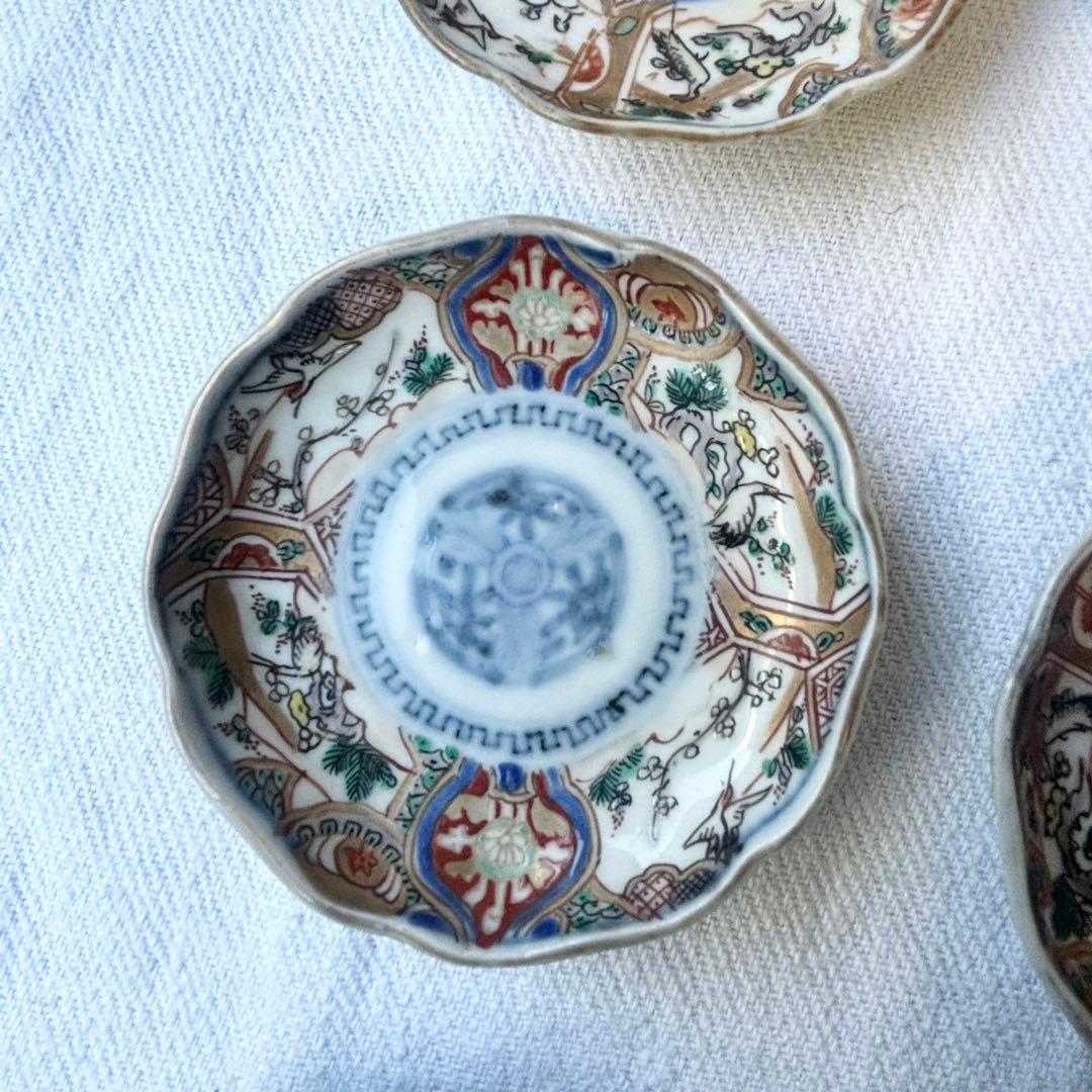 時代伊万里　鶴松金彩の吉祥デザイン豆皿5客（骨董古陶磁古美術古伊万里