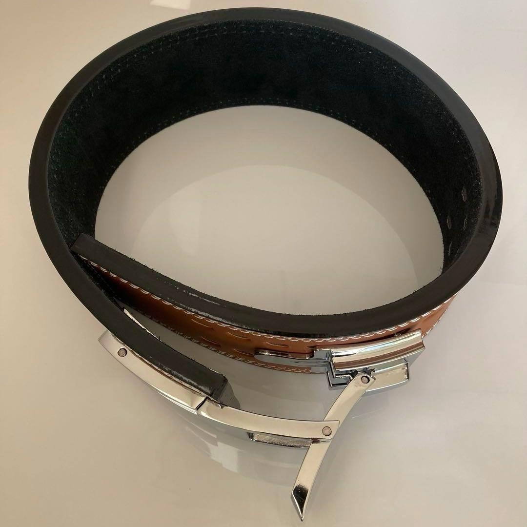 パワーベルト レバーアクション ワンタッチ可変式 M ブラウン×艶シルバー 本革