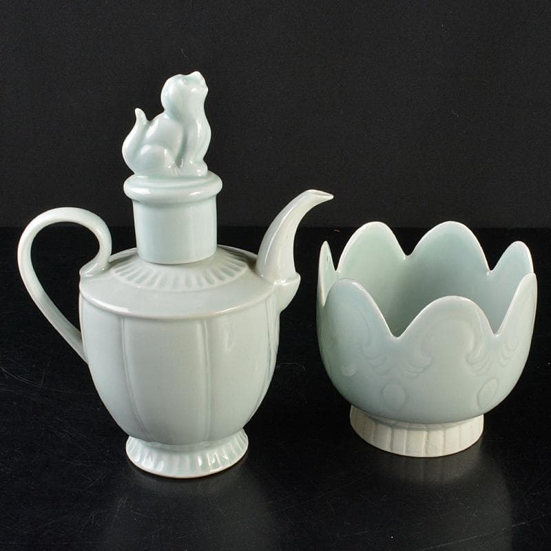 中国　影青　神獣摘　執壷　水注　輪花鉢　2点まとめて　時代箱付　M　R6422B