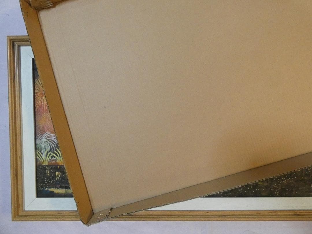 大型絵画 油彩 風景 　山下清「水中の花火」 サイン額装済み 肉筆手描き