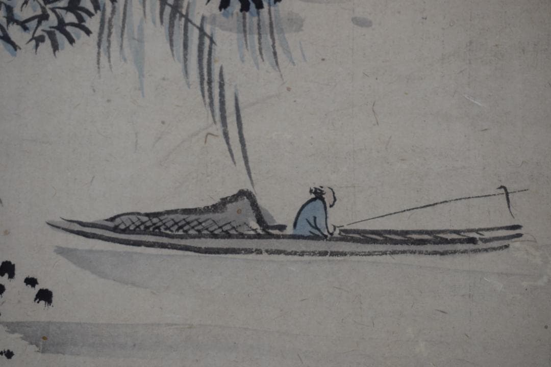 【真作】福田半香/秋湖独釣図/秋景山水図/横物/掛軸☆宝船☆Y-906　JM