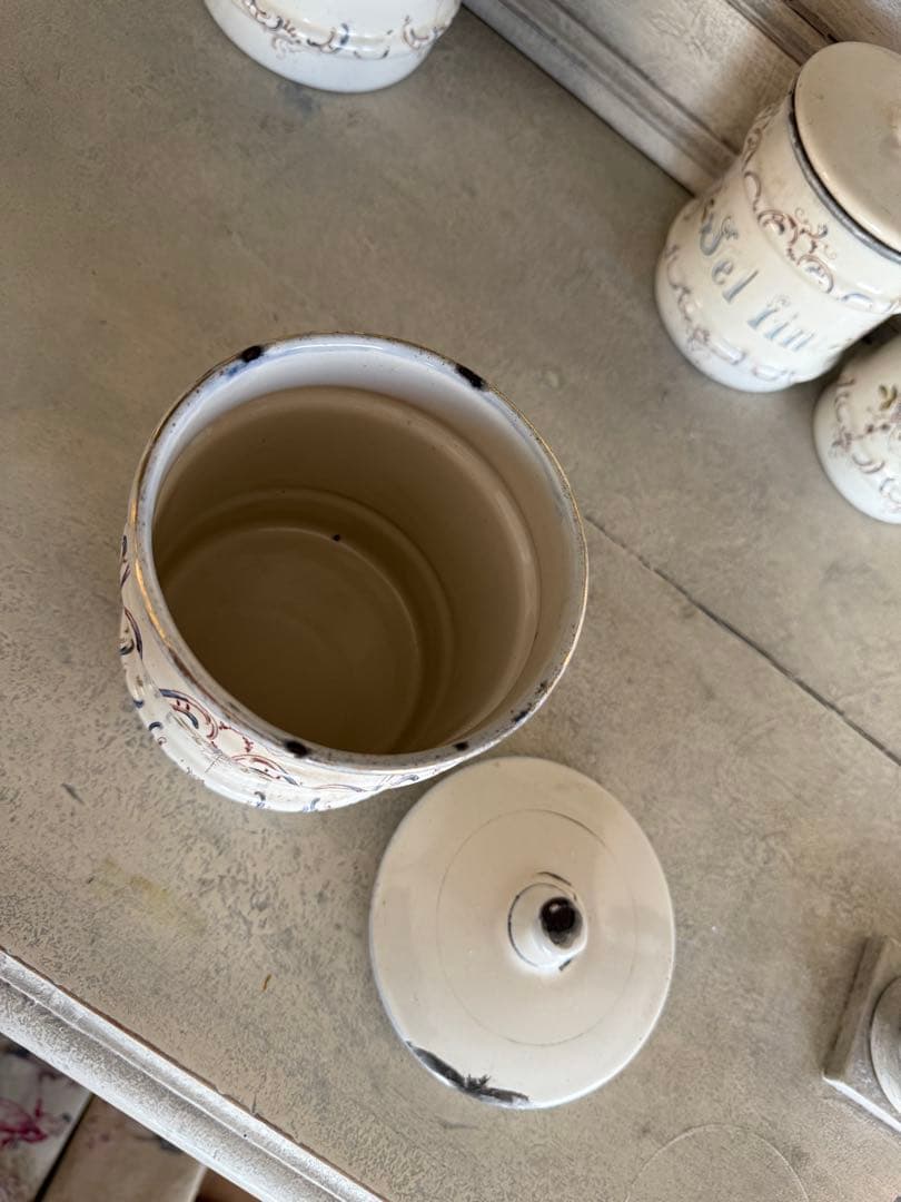 フランスアンティークホーローアールヌーボー可憐な花柄キャニスター5個セット