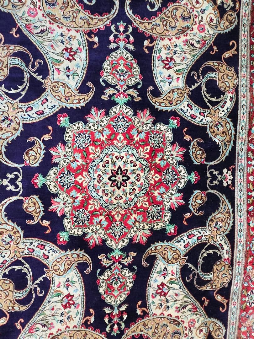ペルシャ絨毯クム産100%シルク手織り ネイビー 赤155cm×104cm