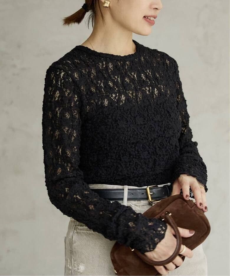 IENA大人気完売Flowerストレッチレースプルオーバーブラックフラワー