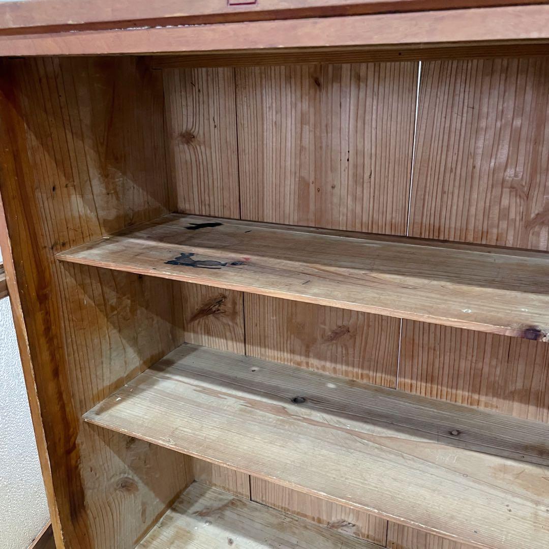 当時物　昭和レトロ　本棚　ガラス棚　ダイヤガラス　木製　アンティーク　無垢