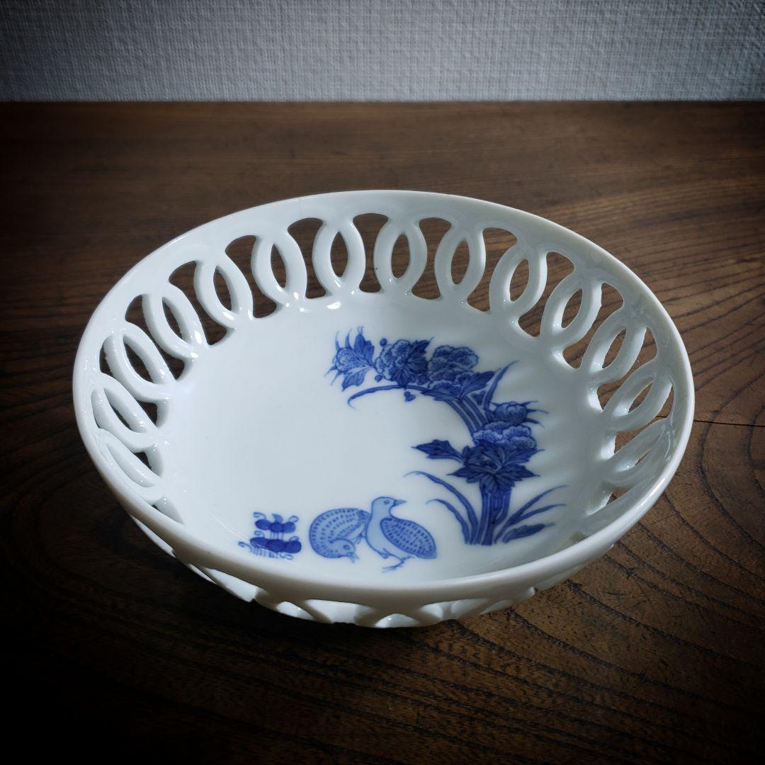 皿　菓子器　透かし　染付　鶉　輪繋鉢　藍柿右衛門　古伊万里