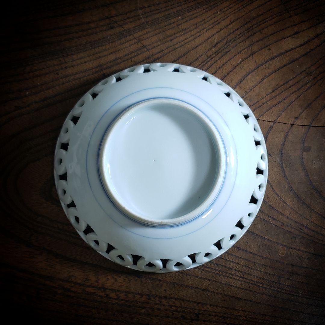 皿　菓子器　透かし　染付　鶉　輪繋鉢　藍柿右衛門　古伊万里