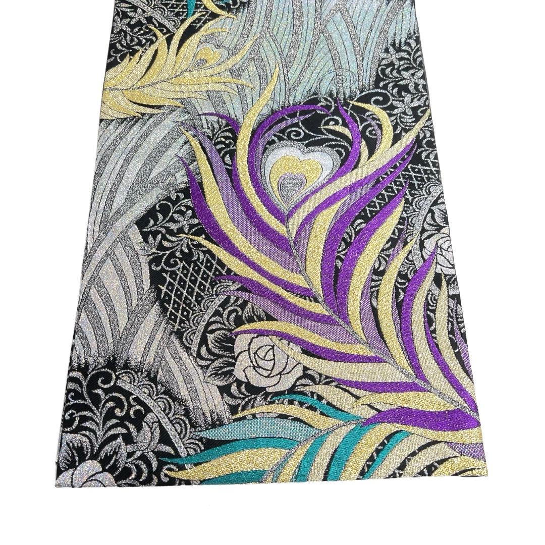 未着用　振袖帯　袋帯　孔雀の羽　薔薇　格子　波　着物　034a d