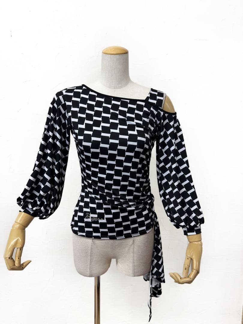 【幾何学】新品　社交ダンス モノクロ　バルーンスリーブトップスｒ413