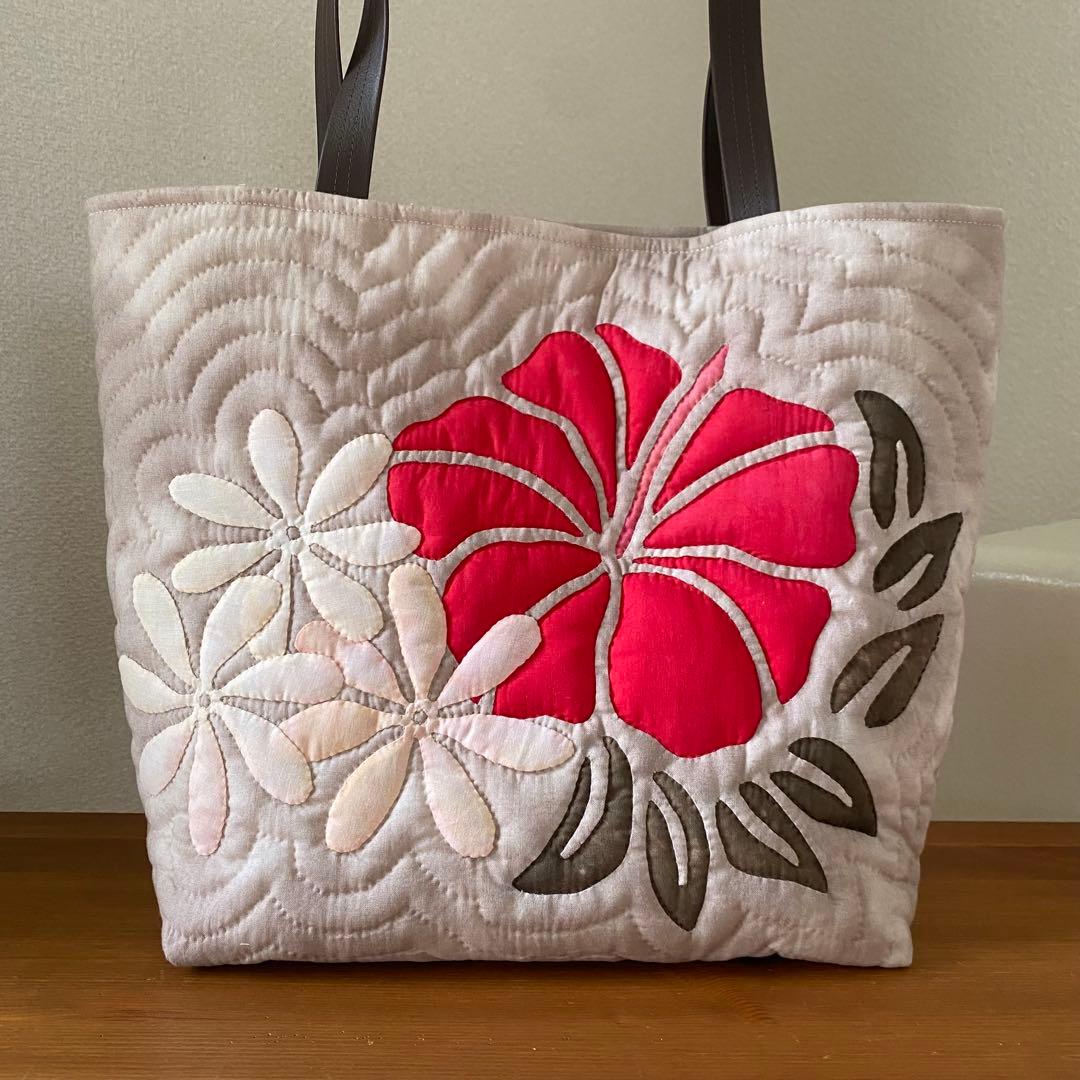 ハワイアンキルト◆トートバッグ◆ハイビスカス&ティアレ◆ハンドメイド
