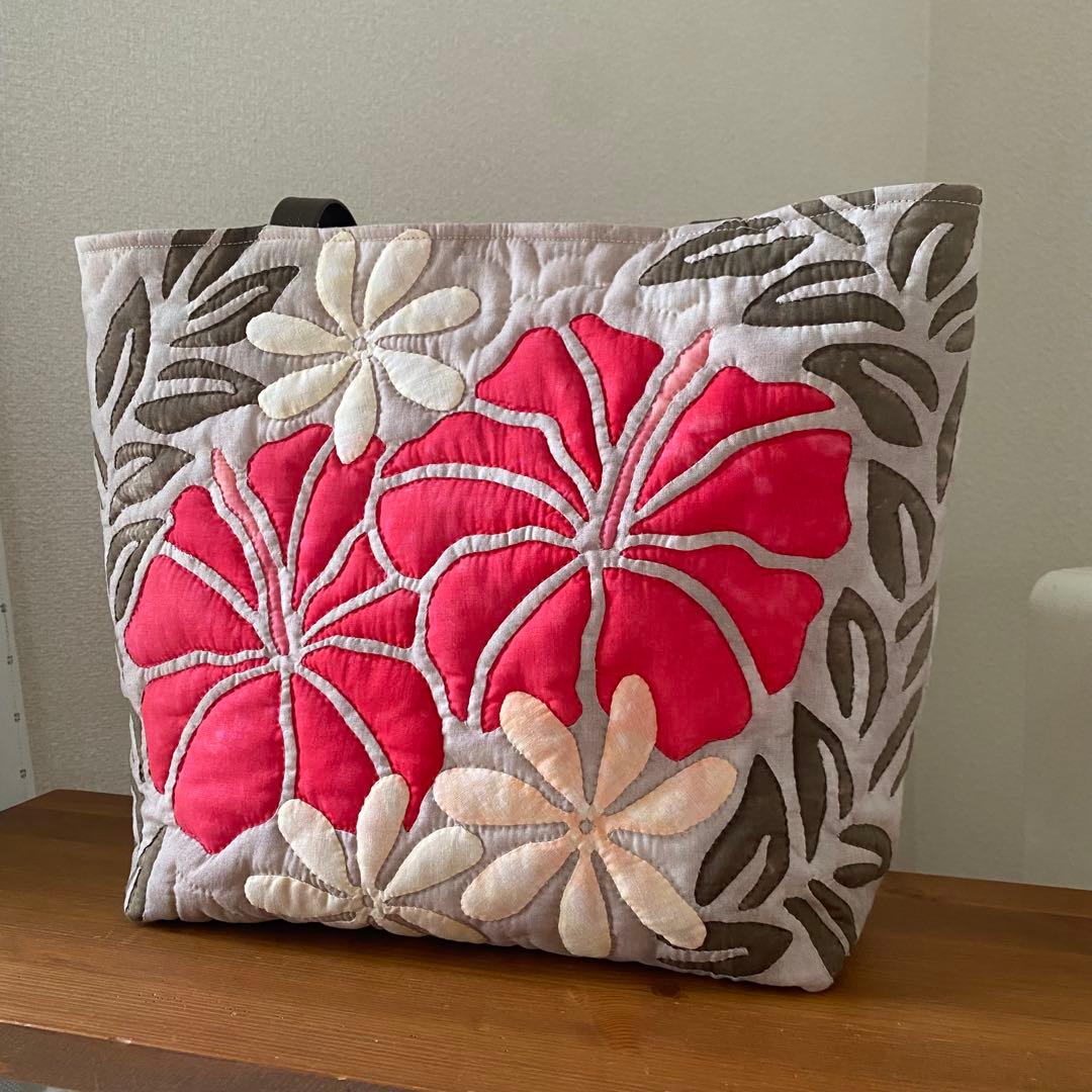 ハワイアンキルト◆トートバッグ◆ハイビスカス&ティアレ◆ハンドメイド