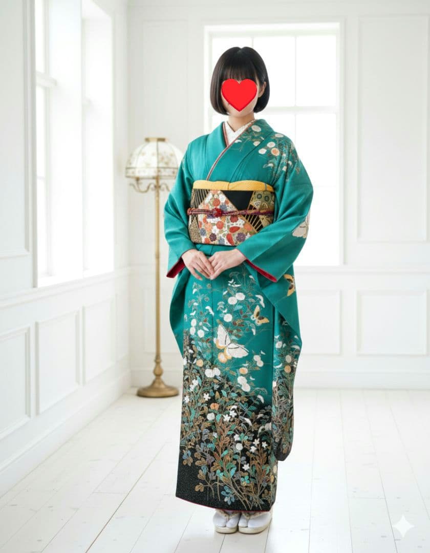 振袖フルセット エメラルドグリーン に金彩花蝶　丈164 裄64.5