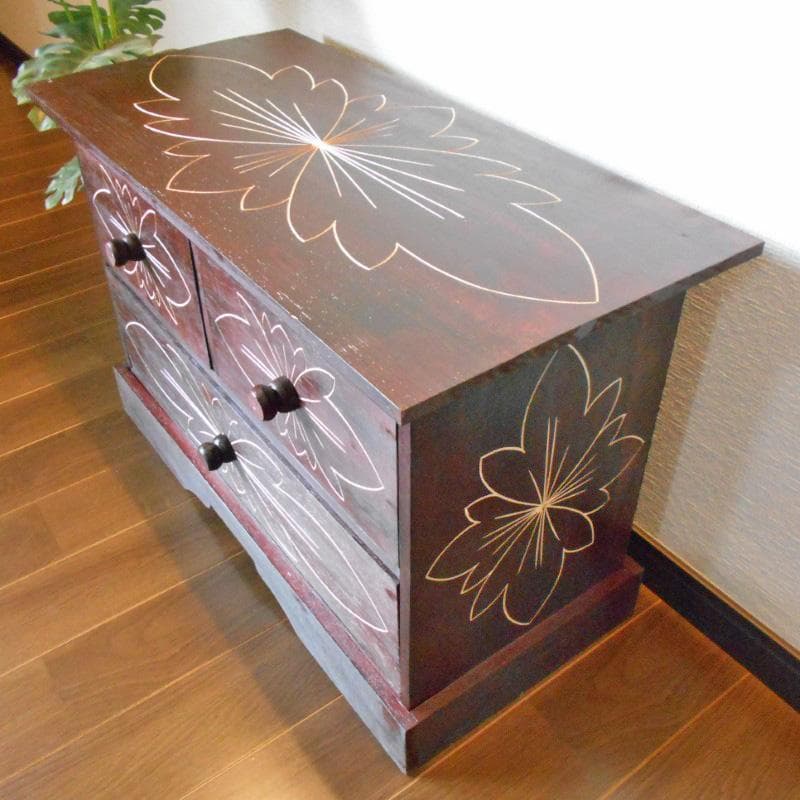 花柄模様 チェスト アジアン家具 バリ家具 収納家具 完成品家具 アンティーク風