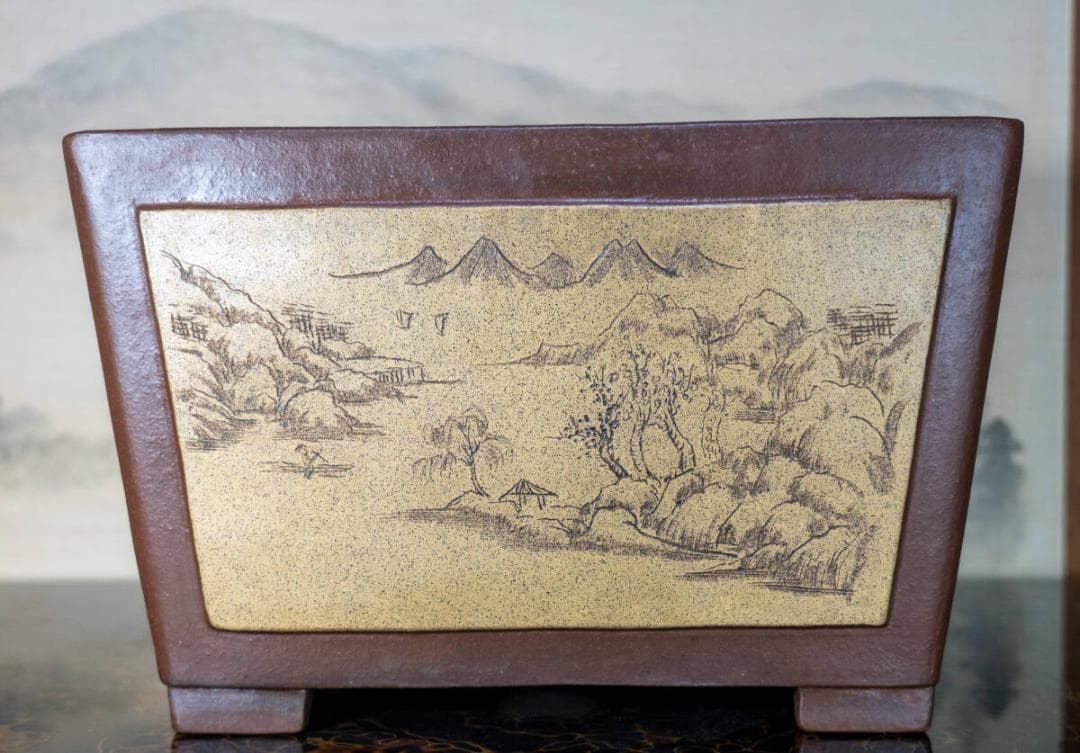 中国盆器 紫泥 出額釘彫り山水漢文図正方鉢