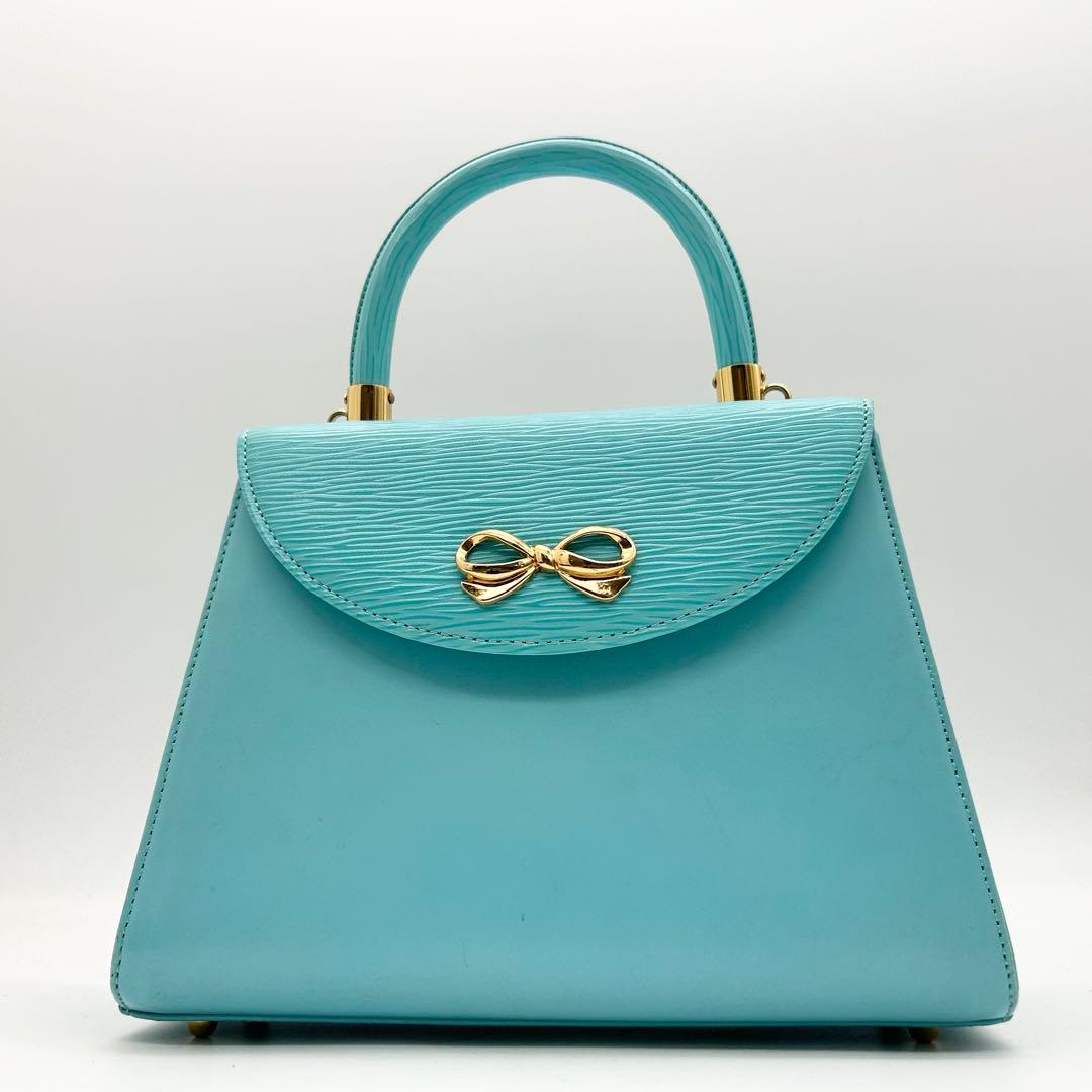 美品&入手困難　ハナエモリ　ショルダーバッグ　2way　レザー　ブルー　リボン