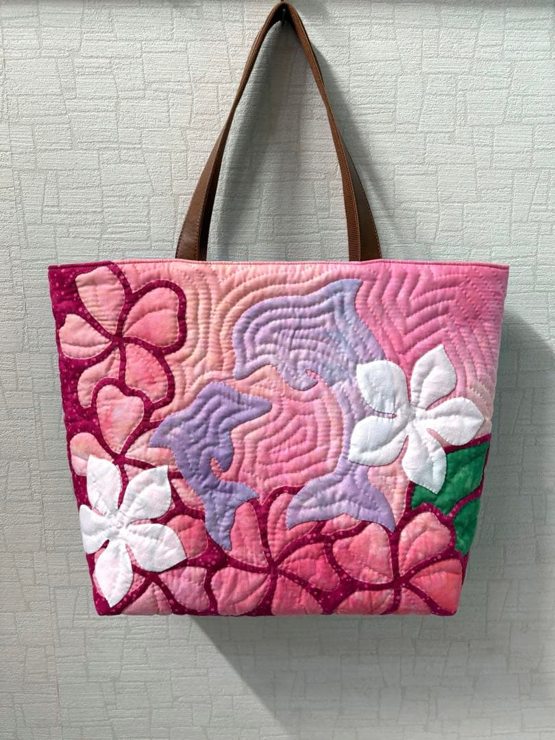 【もんちゃん】ハワイアンキルトトートバッグ　プルメリア&イルカ