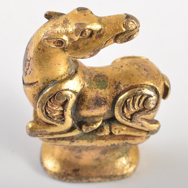 中国　古銅鍍金　馬像　紙鎮　置物　V　R7506