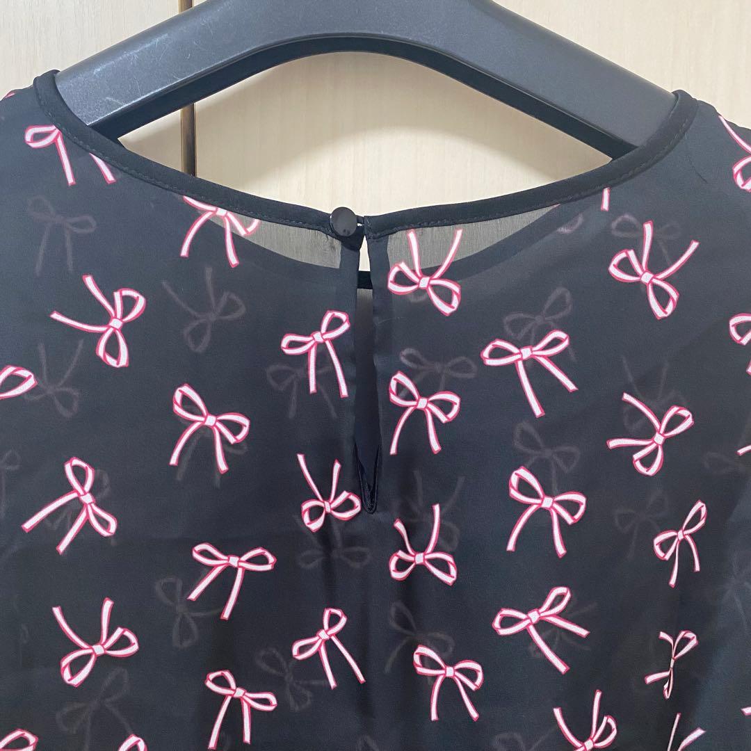 24SS♡ANAYI リボンプリントタックスリーブブラウス 36 とろみ シアー