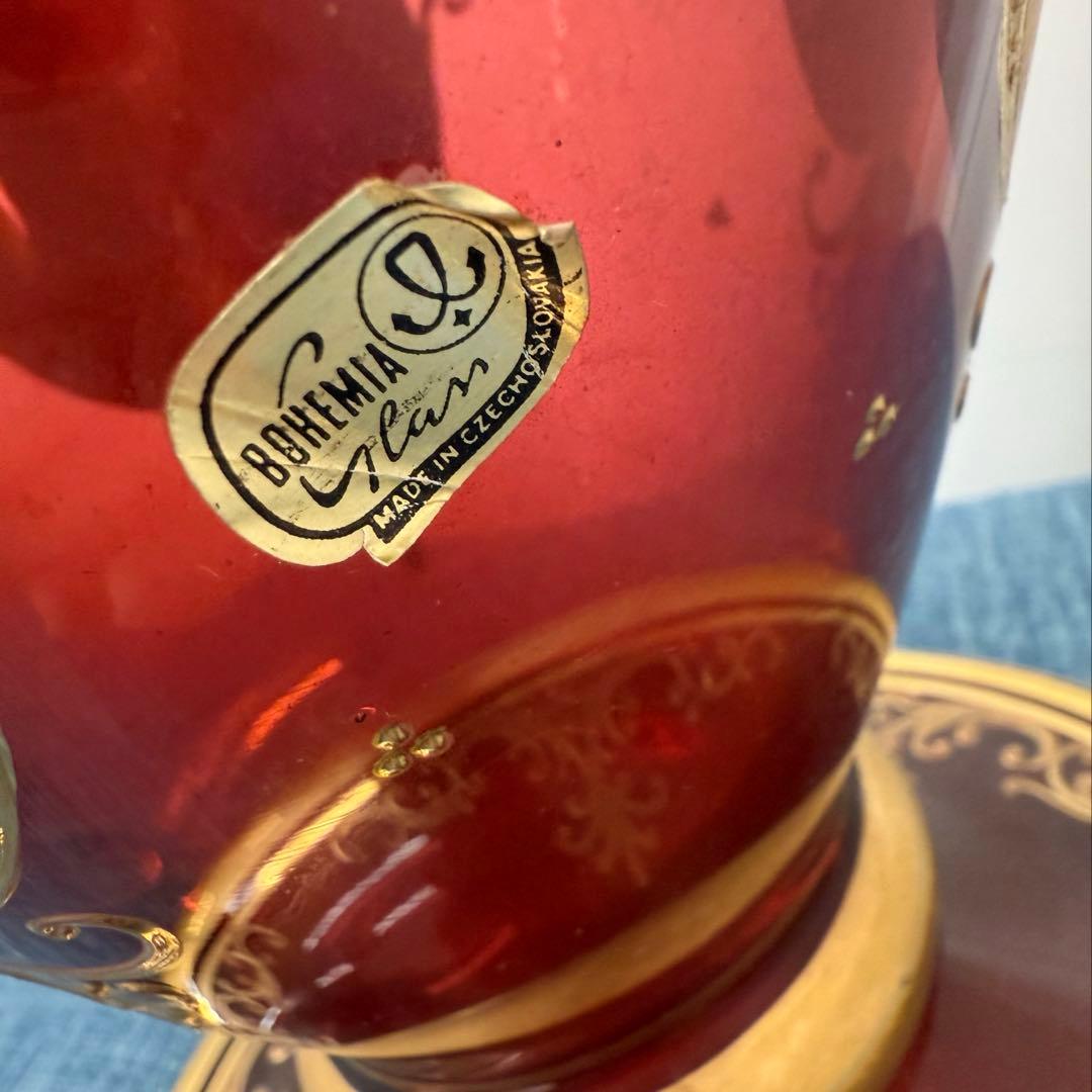 ベネチアングラス★フラワーベース 金色＆レッド チェコスロバキア 50㌢