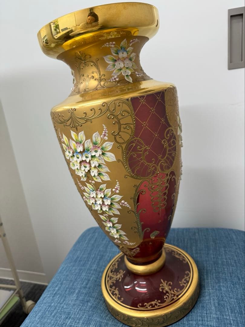 ベネチアングラス★フラワーベース 金色＆レッド チェコスロバキア 50㌢