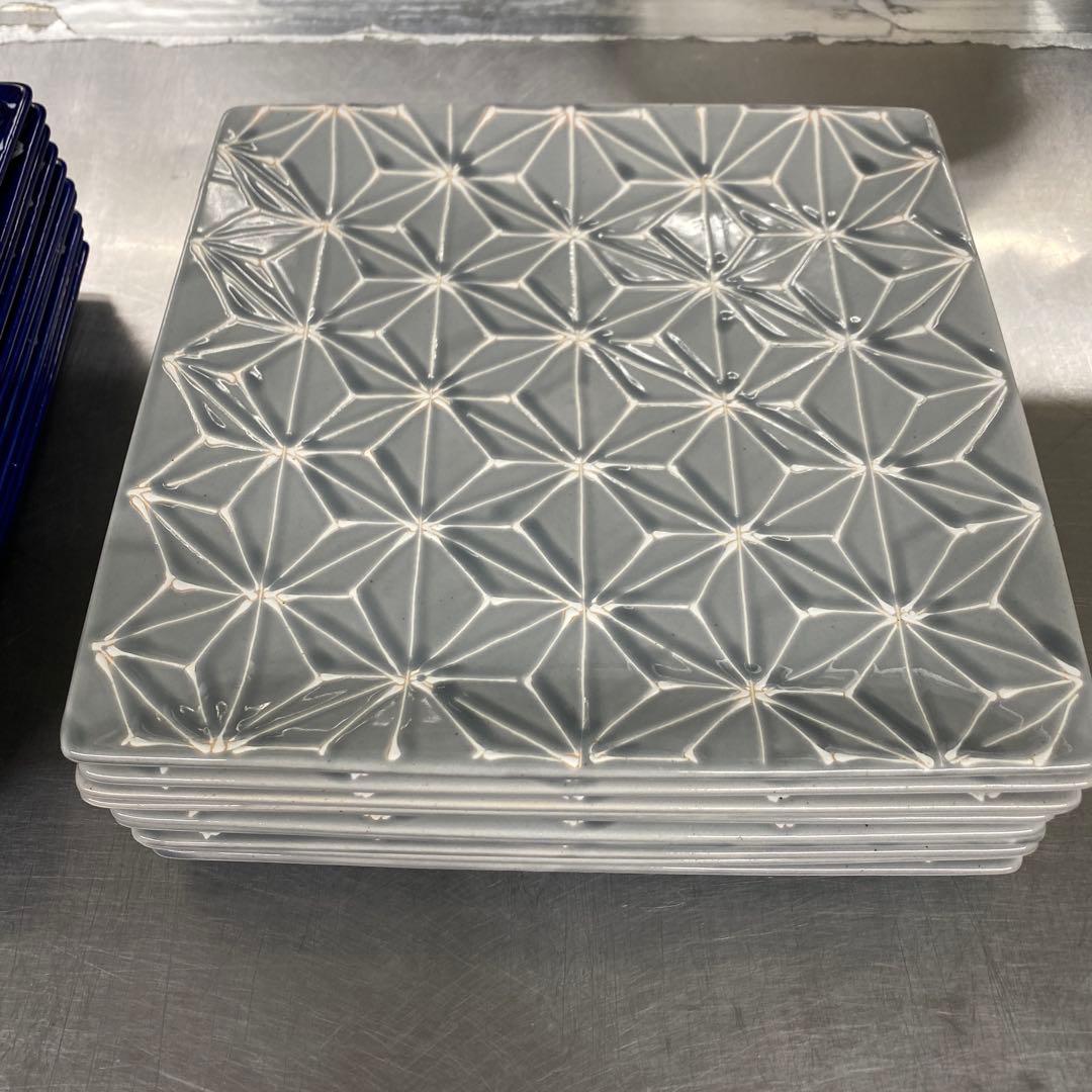 波佐見焼　ホワイトライン麻　スクエアプレートL 瑠璃 翔芳窯