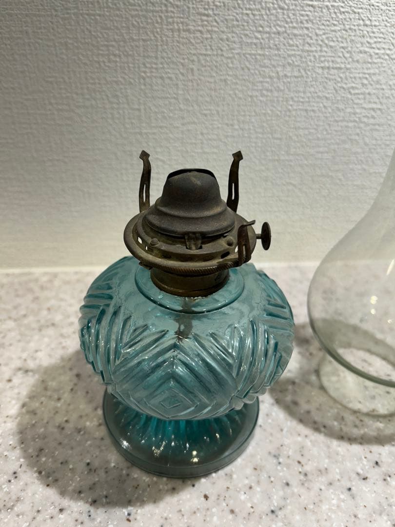 青色ガラスオイルランタン　アンティーク和物ガラス骨董品