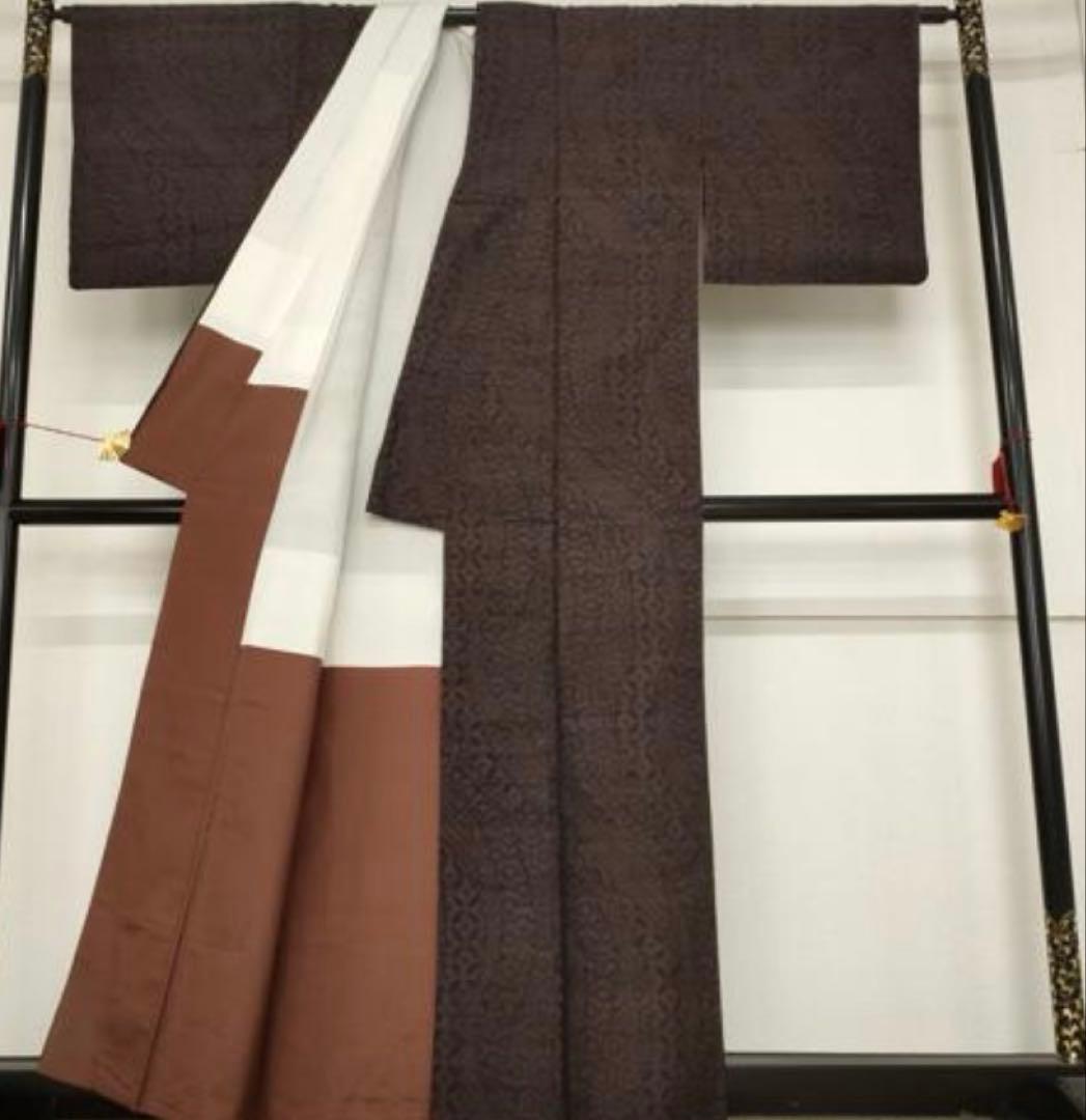 正絹　結城紬　美品　黒地　袷　正絹アンティーク名古屋帯