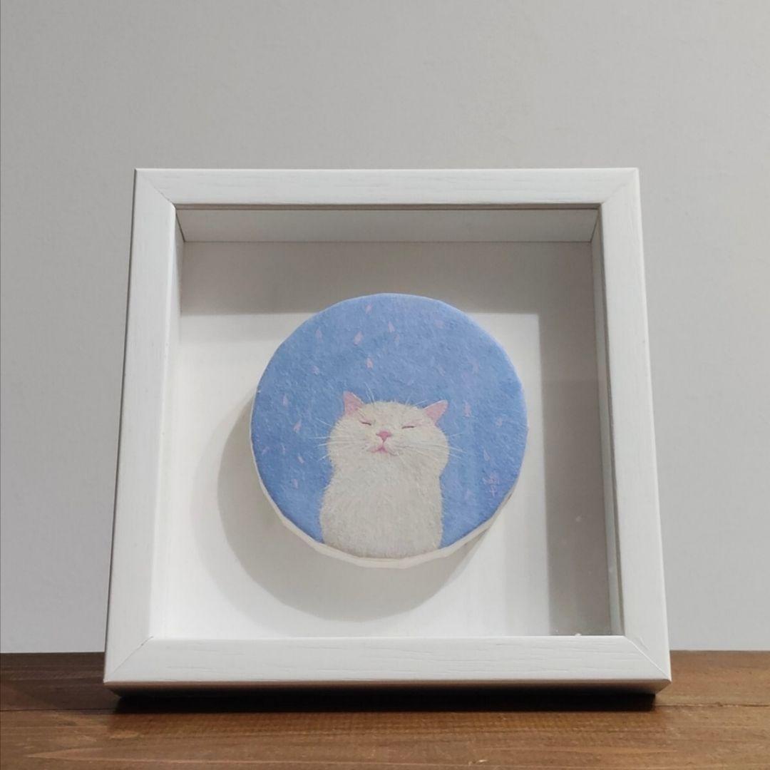 日本画家 伊藤清子 氏作 「さくらふぶき」 猫 ねこ 壁掛け 置型両用 和紙