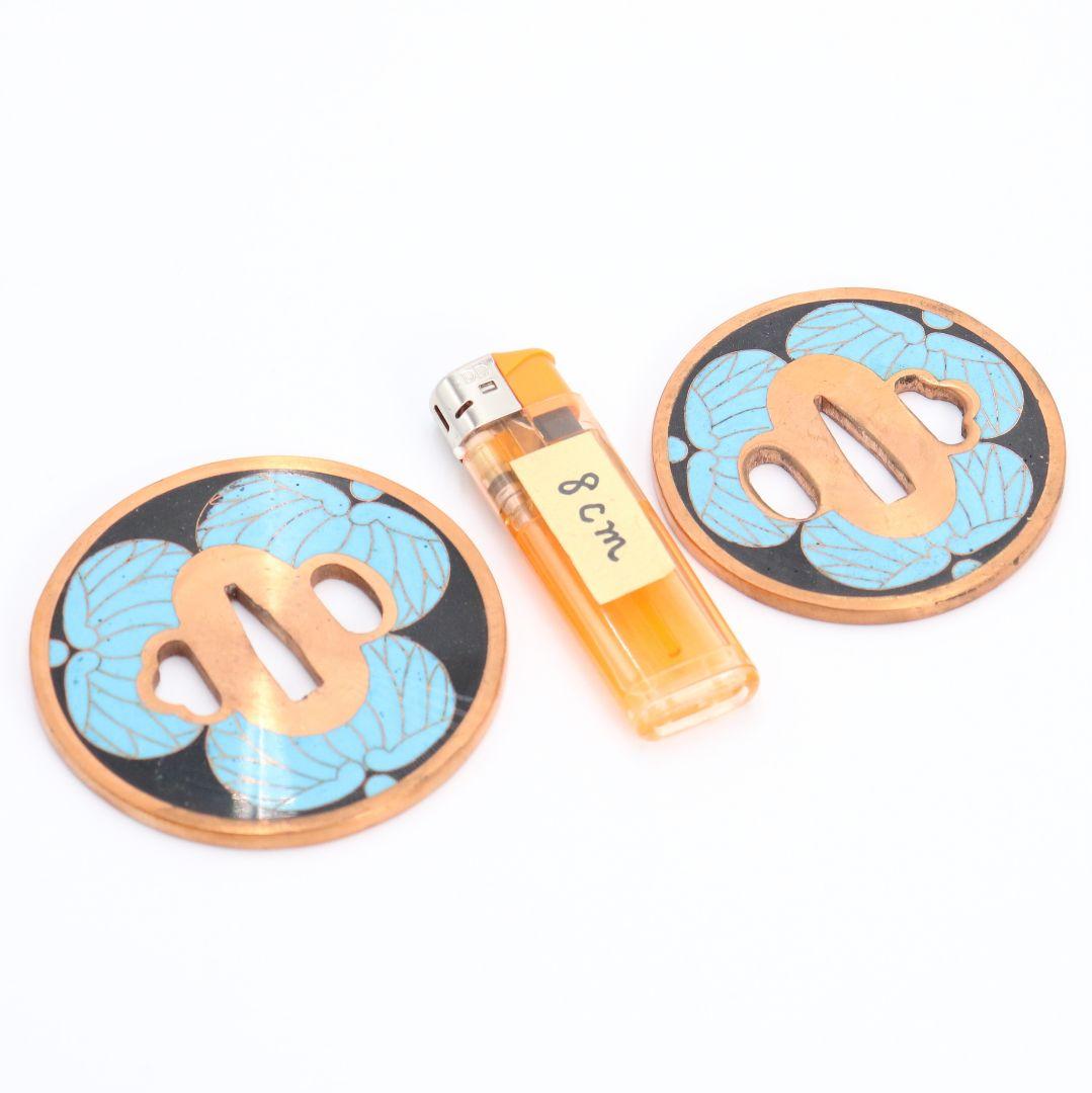 銅製七宝三つ葉葵文鐔 刀装具 一對 桐箱付　V356　1F28