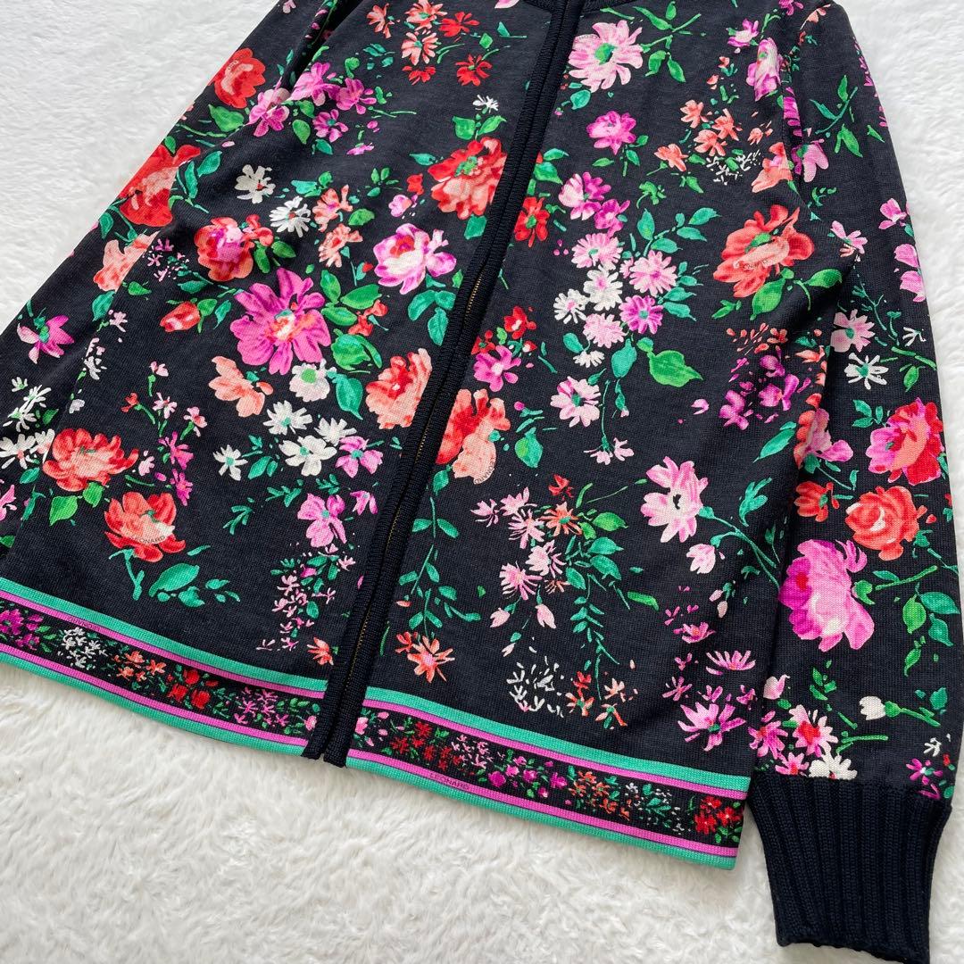 LEONARD シルク混フルジップカーディガン フラワー ブラック L