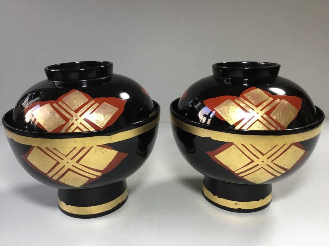 漆器◆秀衡塗？ 汁椀 2客◆漆塗 蓋椀 雑煮椀 金彩 木製 和食器 吸物椀