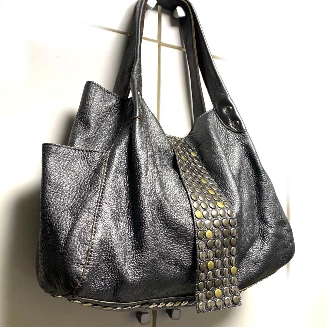 【TRES 】スタッズ　ショルダー　レザー　本革　Y2K トートバッグ　ブロンズ