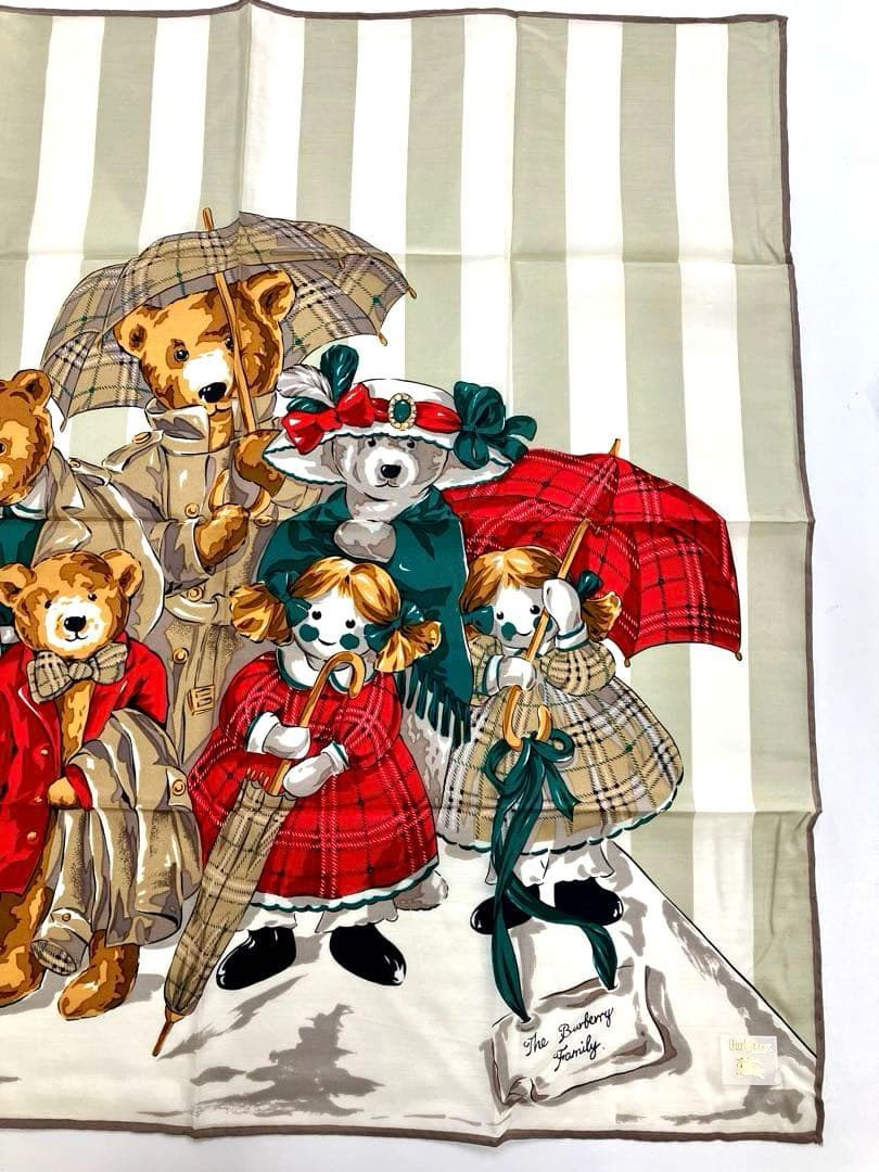 新品 Burberrys テディベアファミリー ハンカチ シルク混 ヴィンテージ