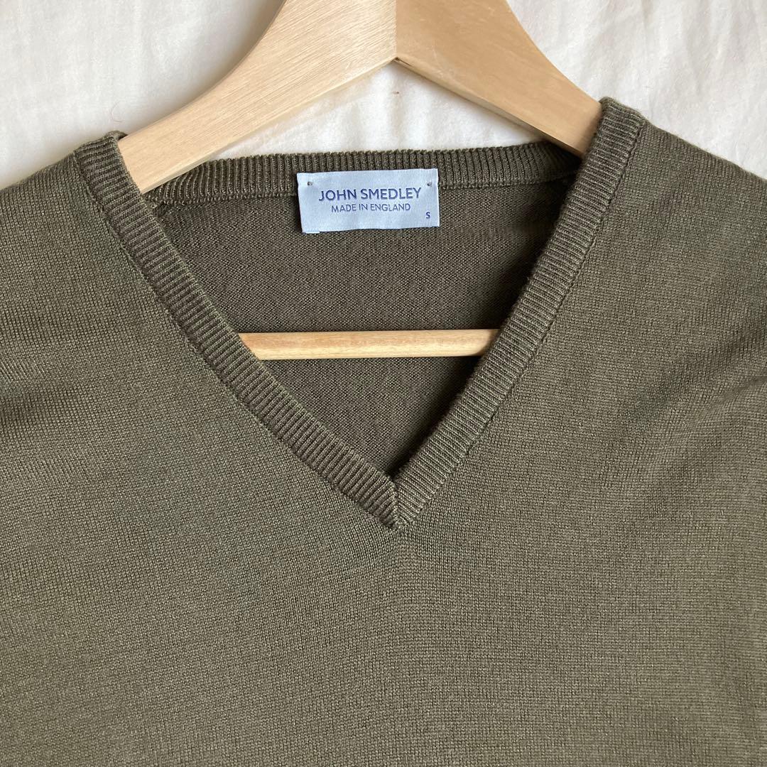 ジョンスメドレー Vネック イングランド製 カーキ 24ゲージ メリノウール
