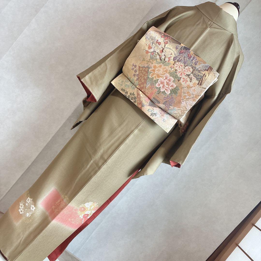 訪問着　フルセット　着物　正絹　Lサイズ　ロング　雪輪　花　金駒刺繍　N5