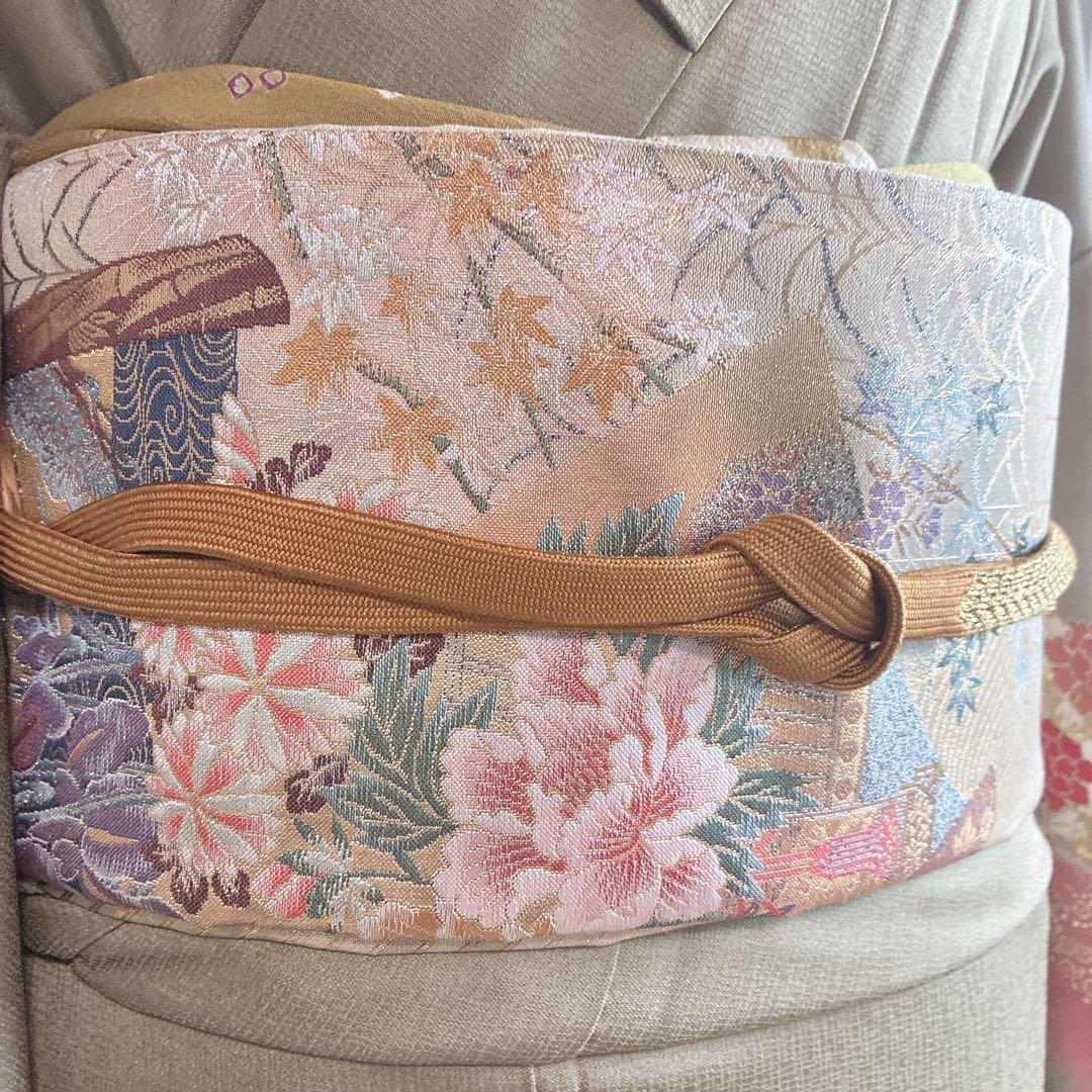 訪問着　フルセット　着物　正絹　Lサイズ　ロング　雪輪　花　金駒刺繍　N5