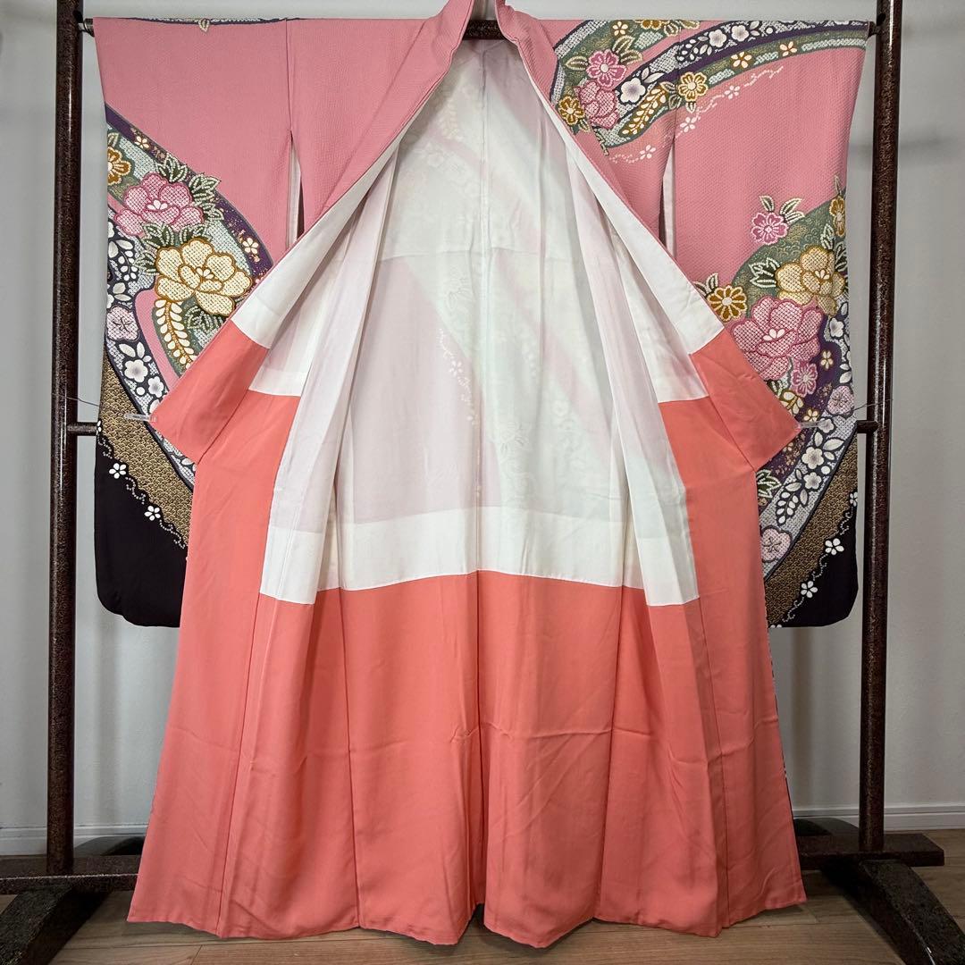 超美品　正絹　現代振袖　成人式　着物　166㎝　ピンク　金駒刺繍　絞り柄　個性的