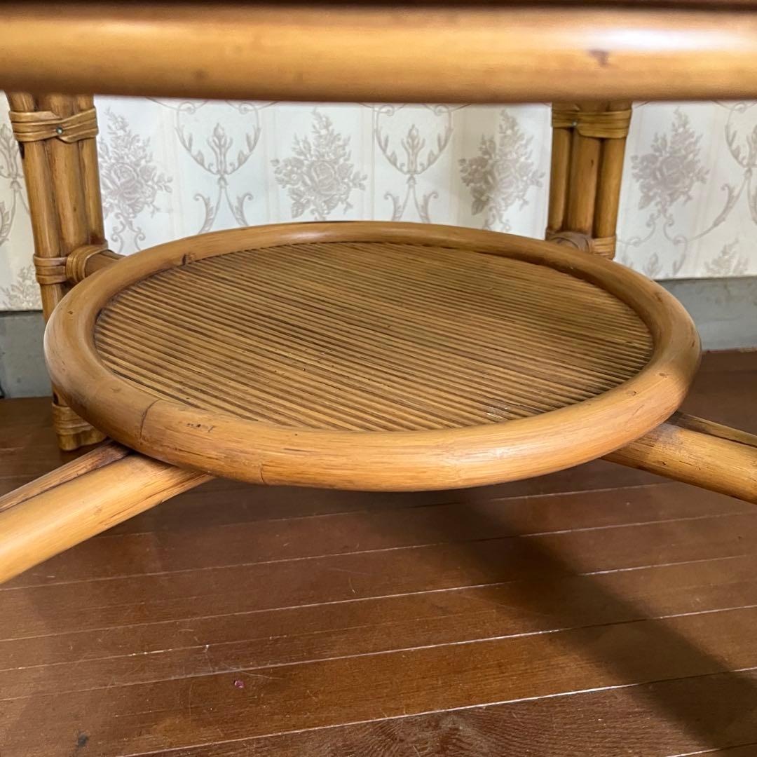 【アンティーク】籐 ラタンセンターテーブル コーヒーテーブル 円卓 ガラス天板