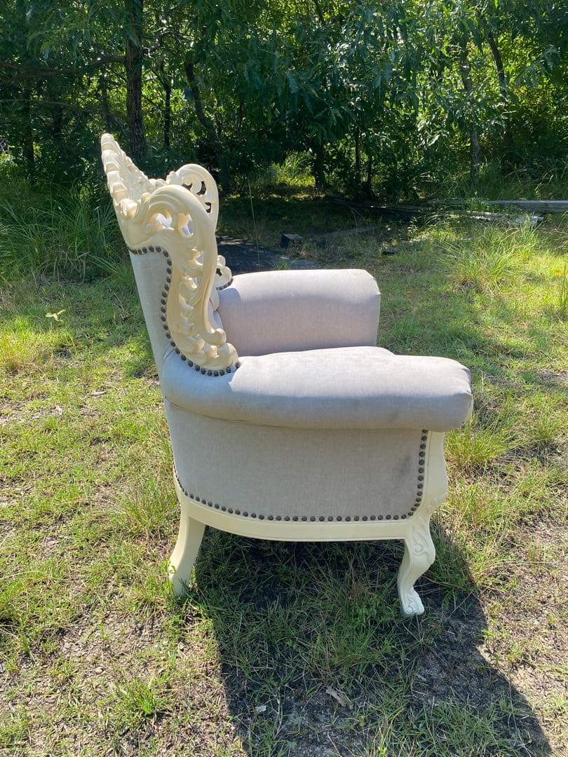 姫系　グレー　ホワイト　ロココ調　アンティーク調　猫足　1人掛けソファ