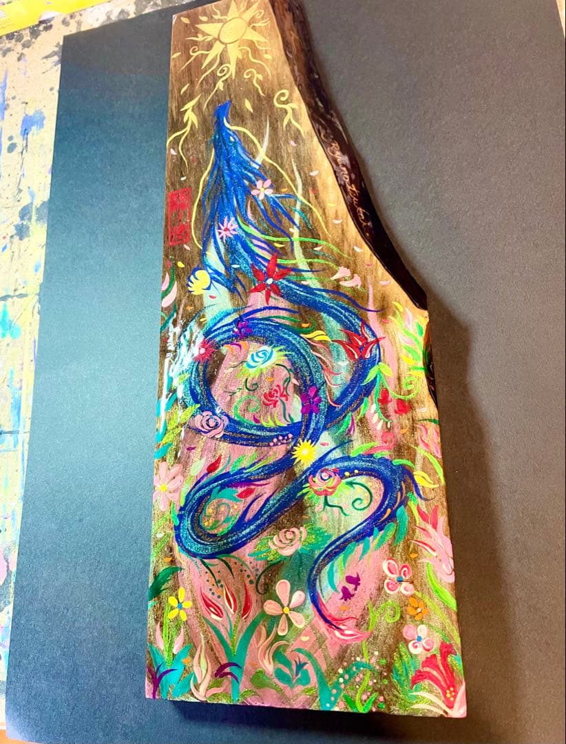 開運絵画 煌びやかな花龍 一点物 アクリル画 龍神 置き物 龍ノツカイ