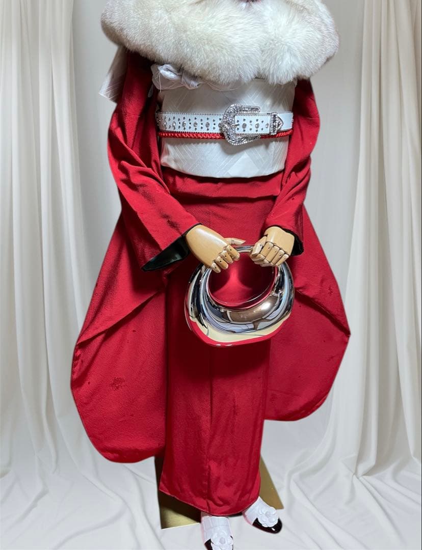 ファーショール付き 振袖 フルセット 山本寛斎 赤 白 無地