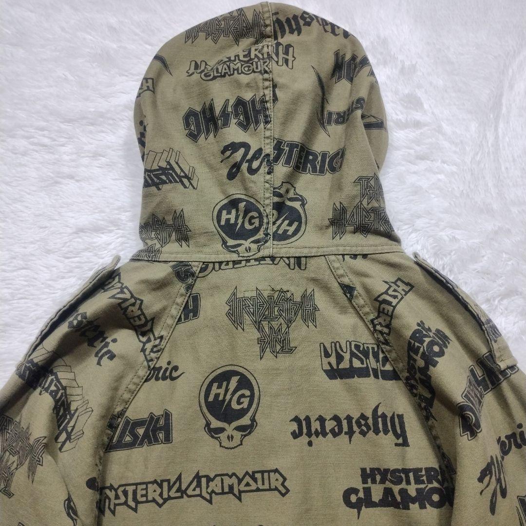 【美品】ヒステリックグラマー　総柄モッズコート　袖リブ　スカルワッペン　カーキ系