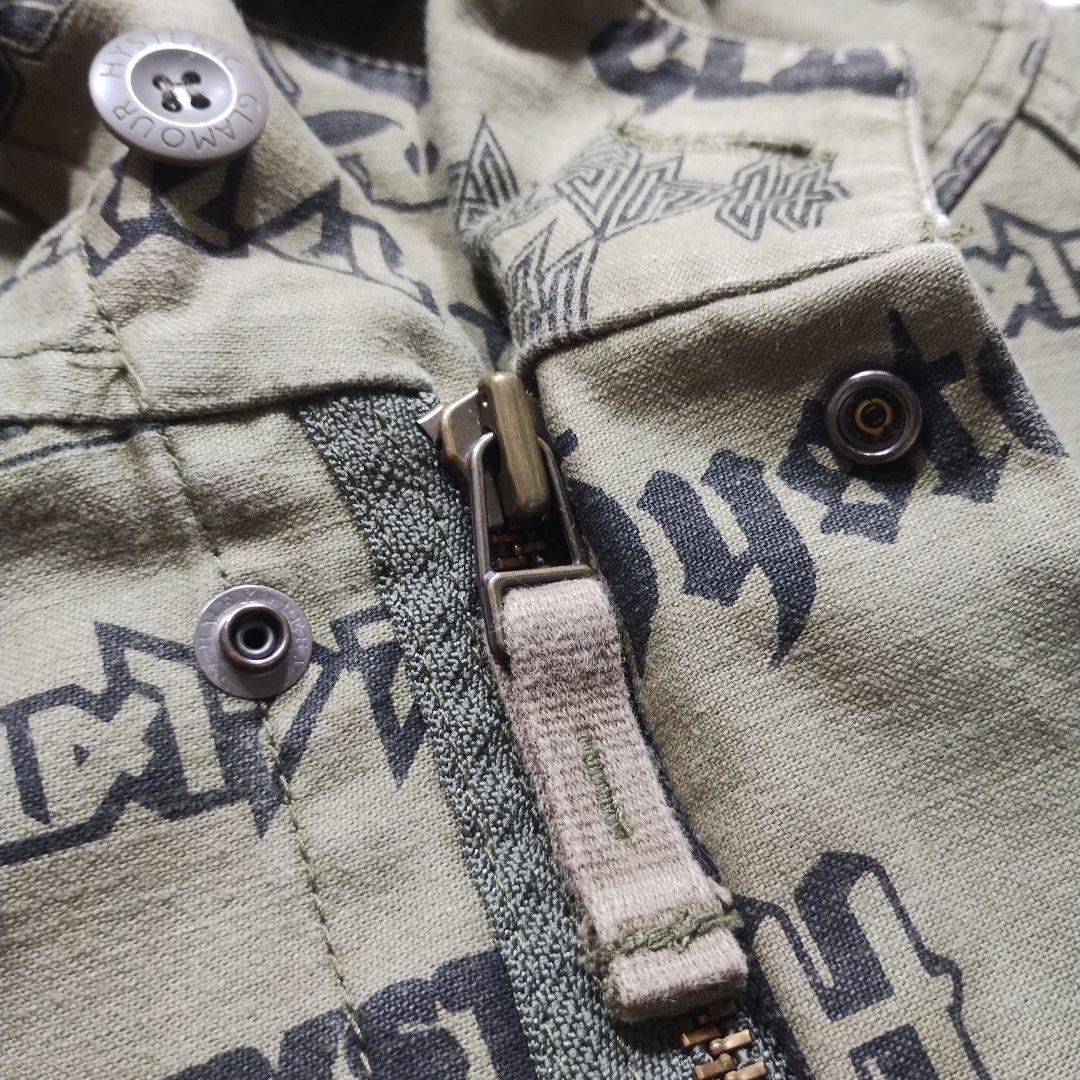 【美品】ヒステリックグラマー　総柄モッズコート　袖リブ　スカルワッペン　カーキ系