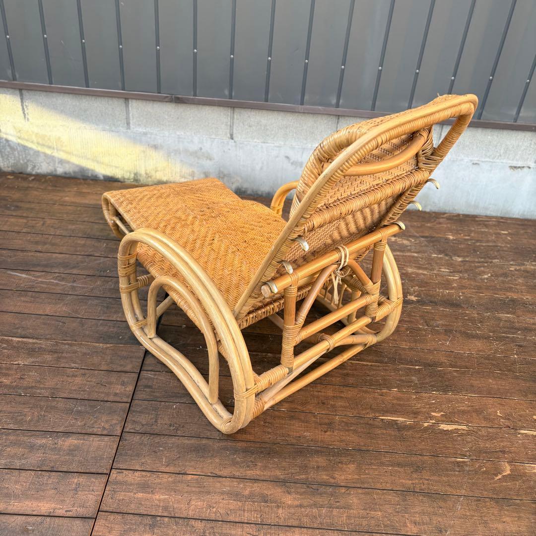 ②昭和レトロ ラタンリクライニングチェア オットマン付き 籐家具 1人掛けソファ