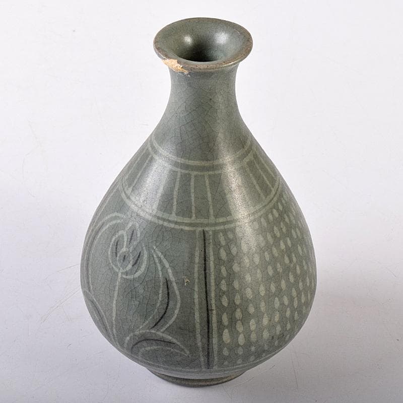 朝鮮美術　李朝　高麗青磁　象嵌花文　徳利　V　R7944